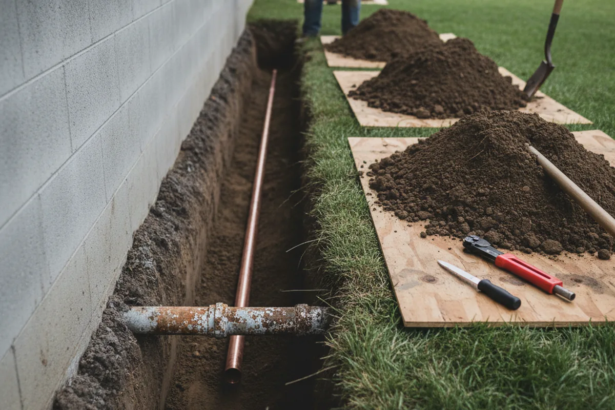 Excavated water line trench during Water Softener Installation in Ripon